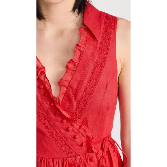 JOSLIN Amella Linen Mini Wrap Dress Womens 0 Red Sleeveless Collar V Neck Ruffle - Picture 4 of 16